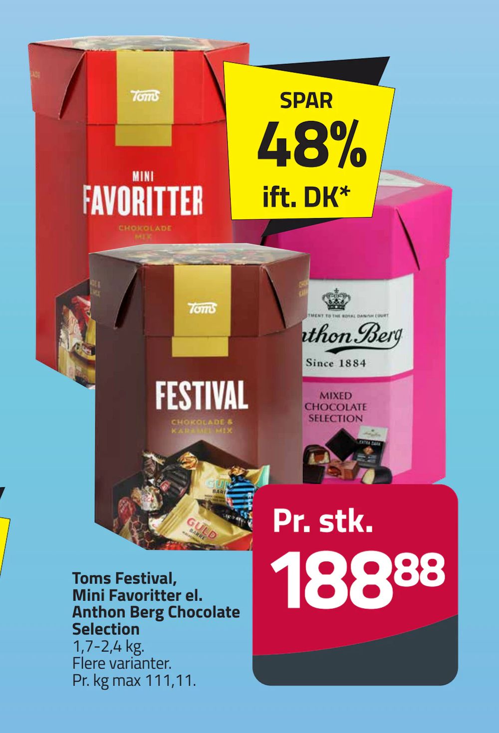 Tilbud på Toms Festival, Mini Favoritter el. Anthon Berg Chocolate Selection fra Fleggaard til 188,88 kr.
