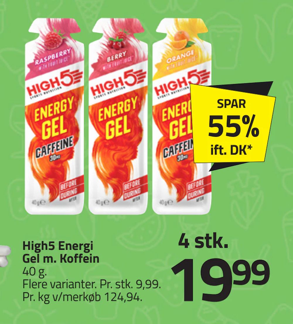 Tilbud på High5 Energi Gel m. Koffein fra Fleggaard til 19,99 kr.