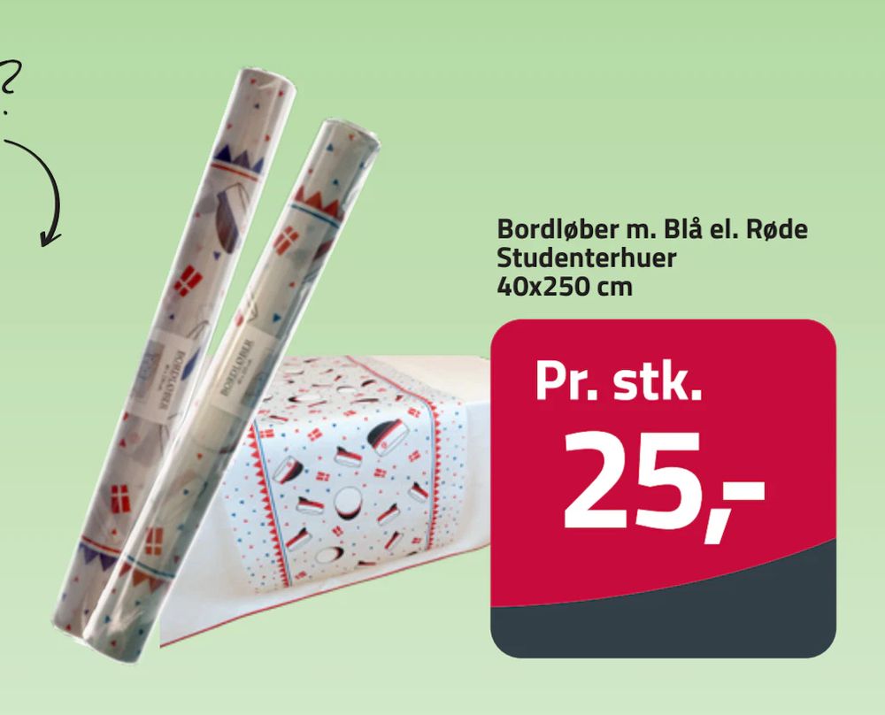 Tilbud på Bordløber m. Blå el. Røde Studenterhuer 40x250 cm fra Fleggaard til 25 kr.