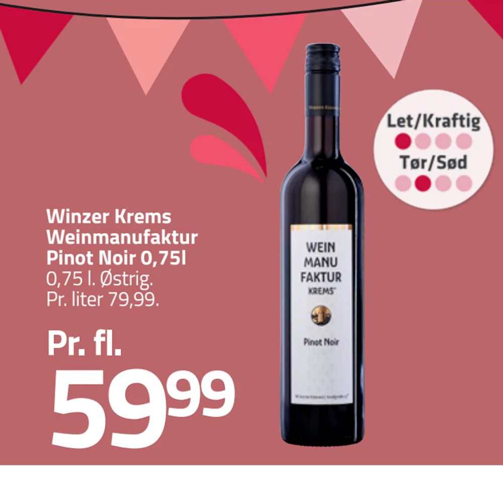 Tilbud på Winzer Krems Weinmanufaktur Pinot Noir 0,75l fra Fleggaard til 59,99 kr.