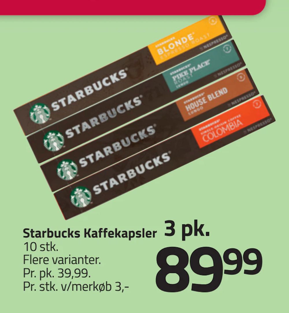 Tilbud på Starbucks Kaffekapsler fra Fleggaard til 89,99 kr.