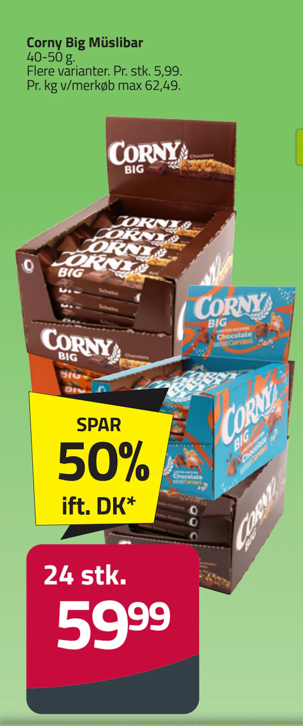 Tilbud på Corny Big Müslibar fra Fleggaard til 59,99 kr.