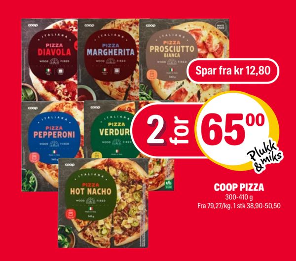 COOP PIZZA Spar fra kr 12,80 Plukk & miks 300-410 g Fra 79,27/kg. 1 stk 38,90-50,50