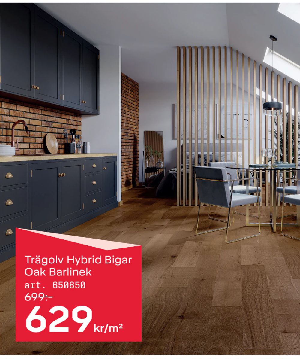 Erbjudanden på Trägolv Hybrid Bigar Oak Barlinek från Byggmax STUDIO för 629 kr