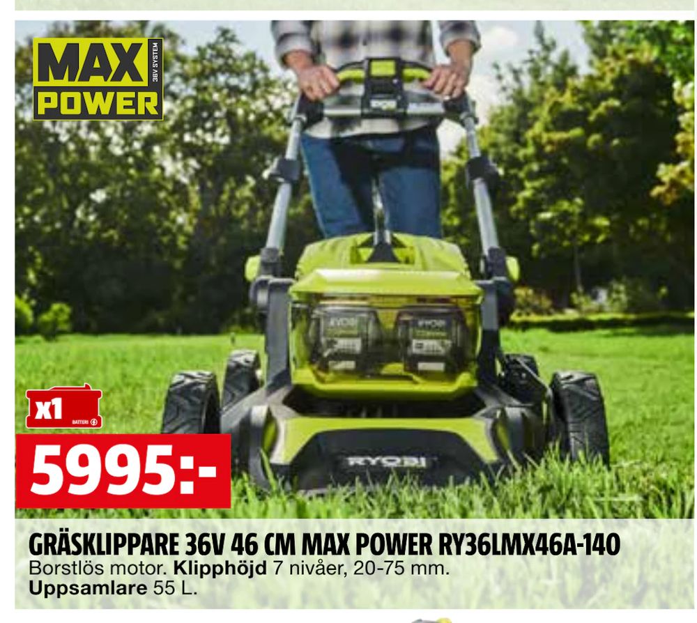 Erbjudanden på GRÄSKLIPPARE 36V 46 CM MAX POWER RY36LMX46A-140 från BAUHAUS för 5 995 kr
