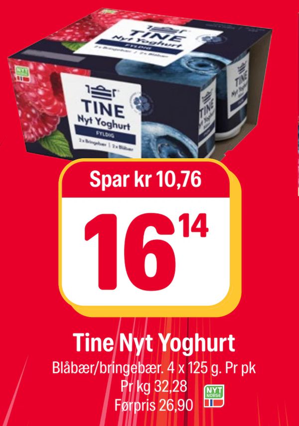 Tine Nyt Yoghurt Blåbær/bringebær. 4 x 125 g. Pr pk Pr kg 32,28 Førpris 26,90