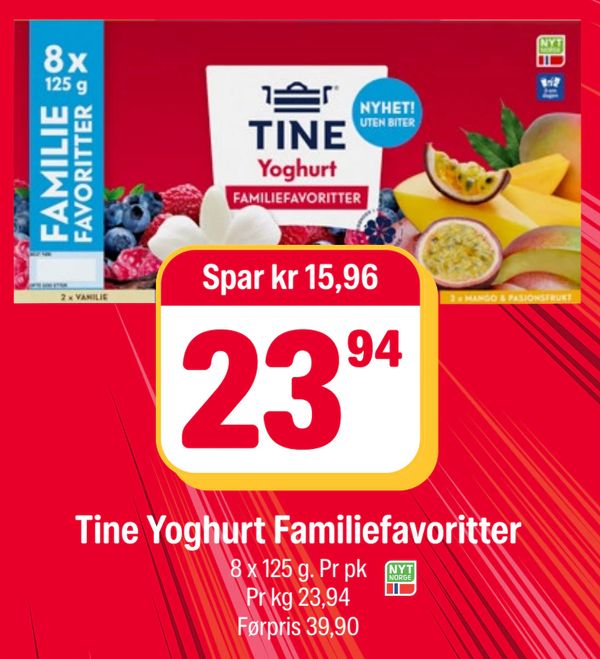 Tine Yoghurt Familiefavoritter 8 x 125 g. Pr pk Pr kg 23,94 Førpris 39,90