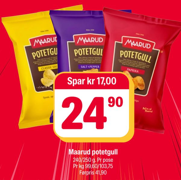 Maarud potetgull 240/250 g. Pr pose
Pr kg 99,60/103,75
Førpris 41,90
Spar kr 17,00