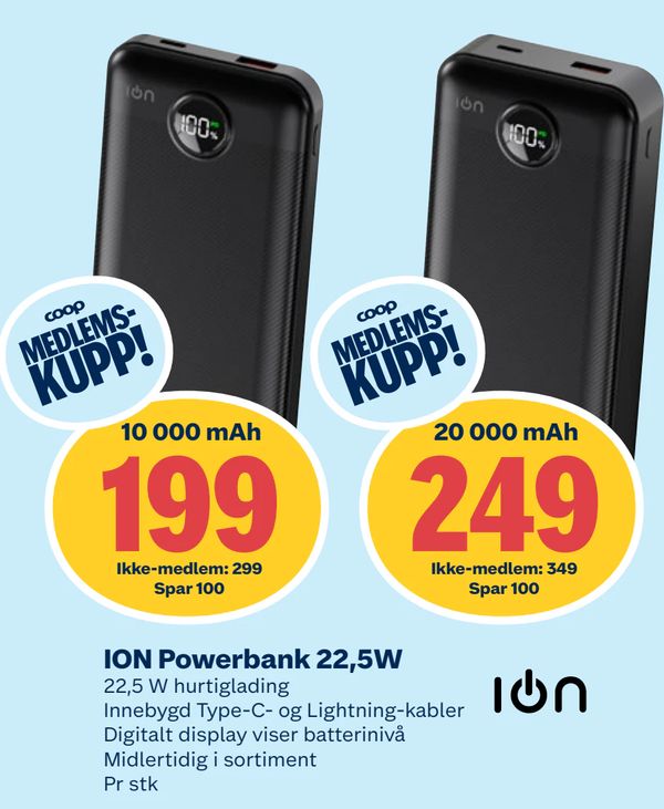 ION Powerbank 22,5W 22,5 W hurtiglading Innebygd Type-C- og Lightning-kabler Digitalt display viser batterinivå Midlertidig i sortiment Pr stk