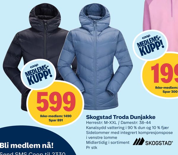 Skogstad Troda Dunjakke Herrestr: M-XXL / Damestr: 38-44 Kanalsydd vattering i 90 % dun og 10 % fjær Sidelommer med integrert kompresjonspose i venstre lomme Midlertidig i sortiment Pr stk
