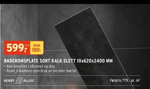 BADEROMSPLATE SORT KALK SLETT 10x620x2400 MM