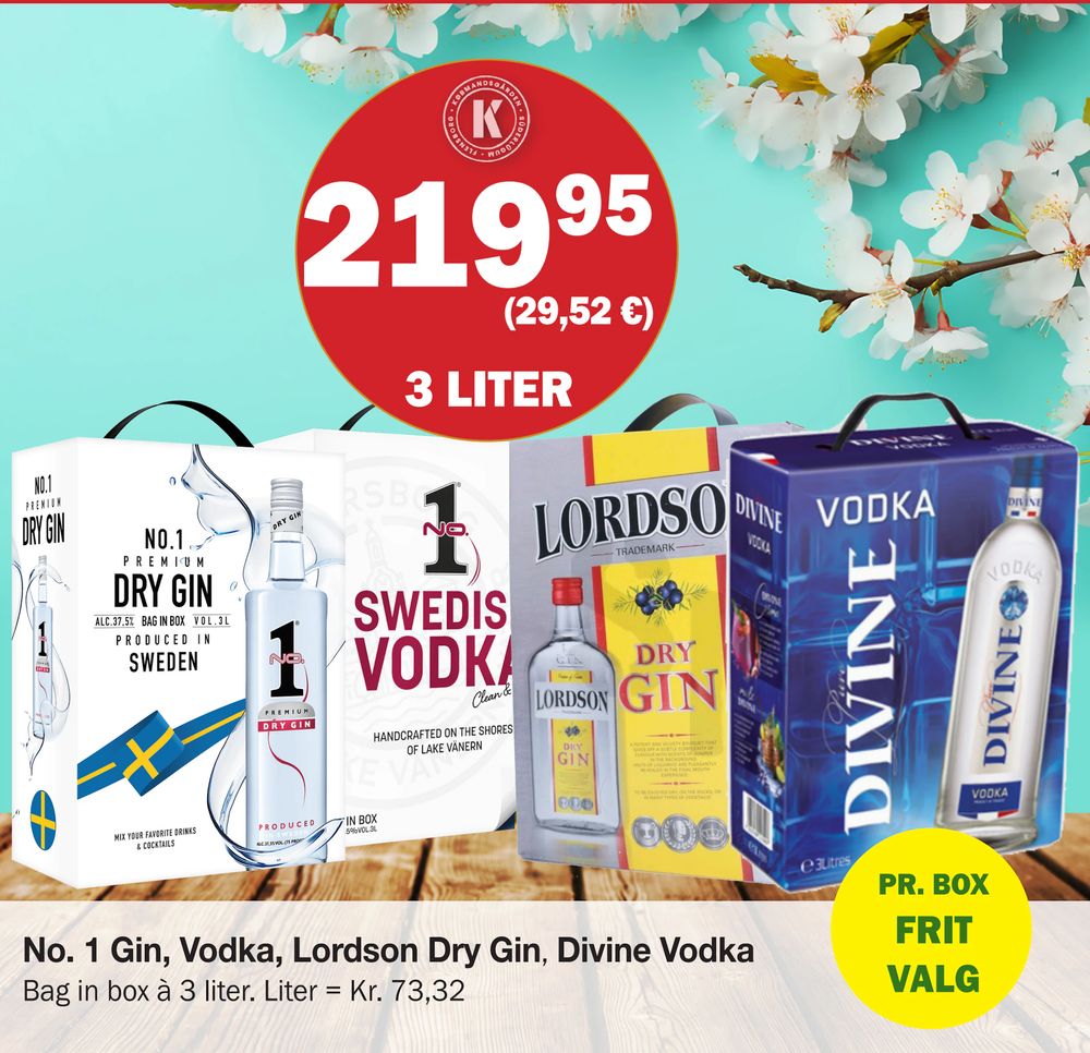 Tilbud på No. 1 Gin, Vodka, Lordson Dry Gin, Divine Vodka fra Købmandsgården til 219,95 kr.