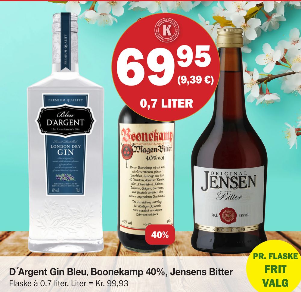 Tilbud på D´Argent Gin Bleu Boonekamp 40%, Jensens Bitter fra Købmandsgården til 69,95 kr.