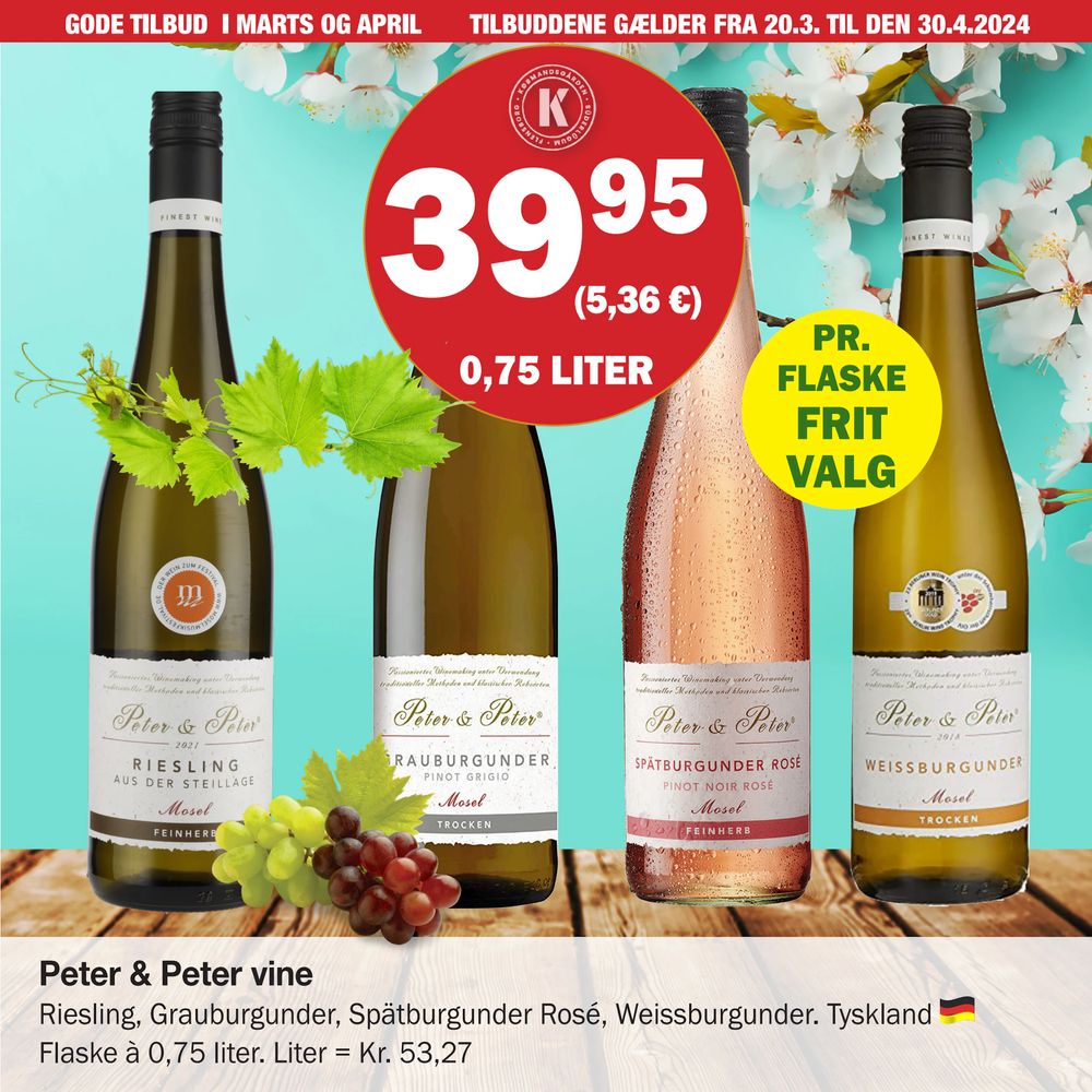 Tilbud på Peter & Peter vine fra Købmandsgården til 39,95 kr.