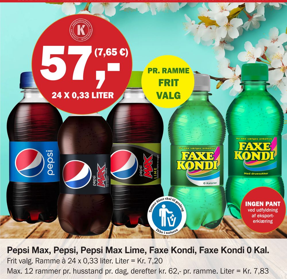Tilbud på Pepsi Max, Pepsi, Pepsi Max Lime, Faxe Kondi, Faxe Kondi 0 Kal. fra Købmandsgården til 57 kr.