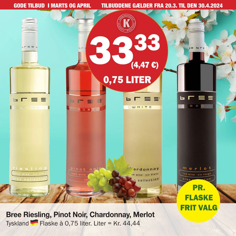 Tilbud på Bree Riesling, Pinot Noir, Chardonnay, Merlot fra Købmandsgården til 33,33 kr.