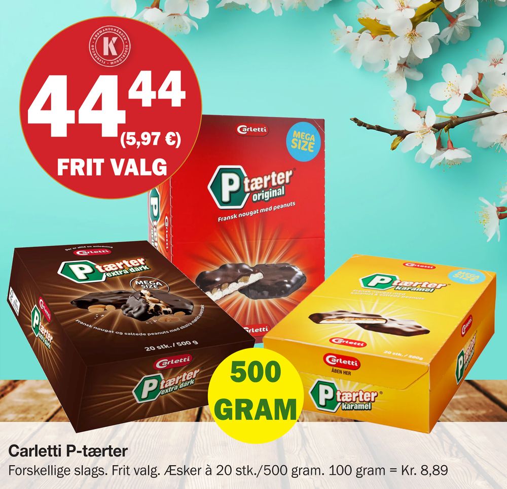 Tilbud på Carletti P-tærter fra Købmandsgården til 44,44 kr.