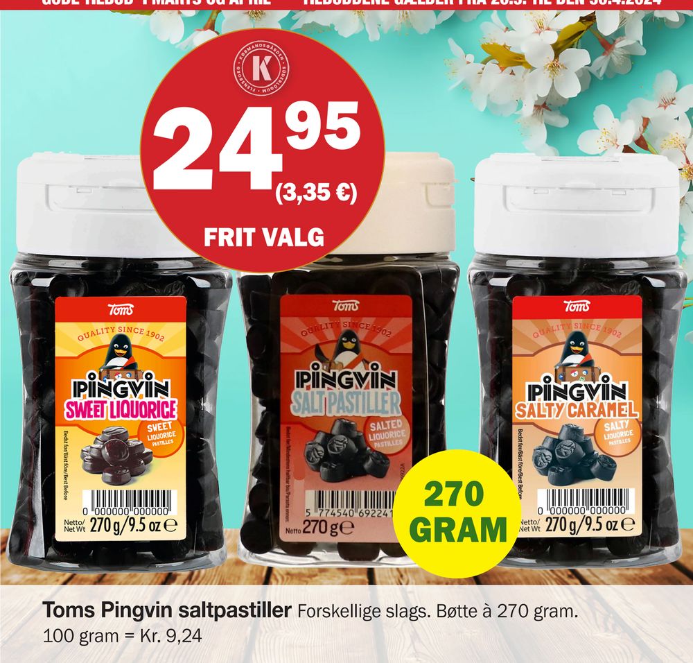 Tilbud på Toms Pingvin saltpastiller fra Købmandsgården til 24,95 kr.