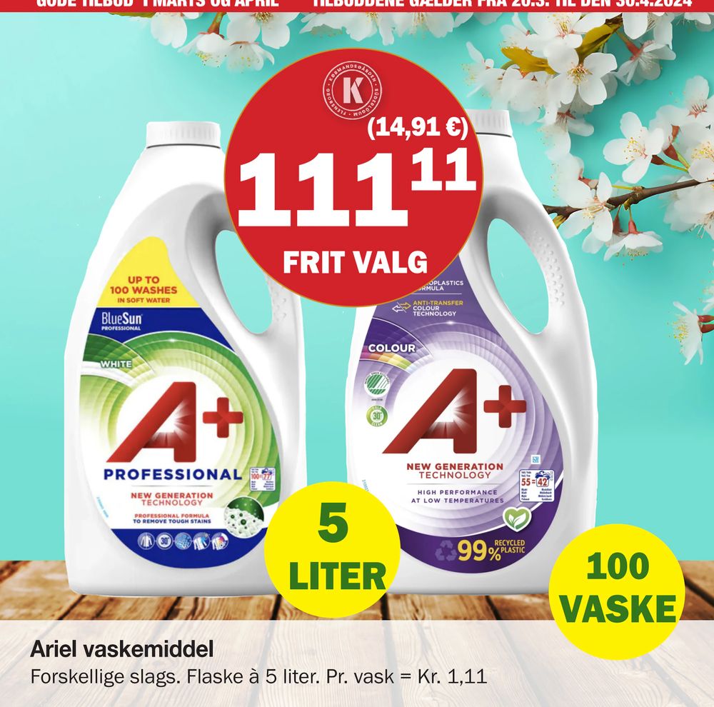 Tilbud på Ariel vaskemiddel fra Købmandsgården til 111,11 kr.