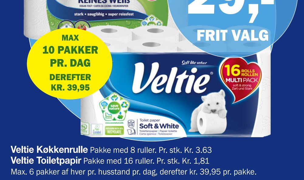 Tilbud på Veltie Toiletpapir fra Købmandsgården til 29 kr.
