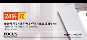 VEGGPLATE MDF V-FAS HVIT 11x620x2390 MM