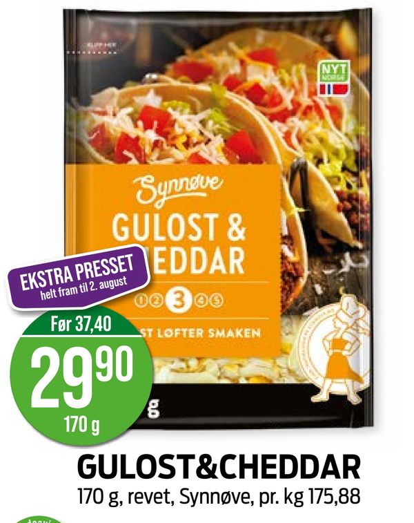 GULOST&CHEDDAR 170 g, revet, Synnøve, pr. kg 175,88 EKSTRA PRESSET helt fram til 2. august Før 37,40