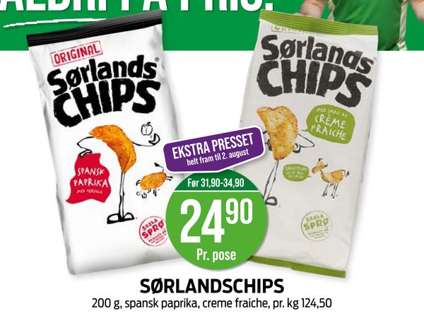 SØRLANDSCHIPS 200 g, spansk paprika, creme fraiche, pr. kg 124,50. EKSTRA PRESSET helt fram til 2. august. Før 31,90-34,90. Pr. pose.