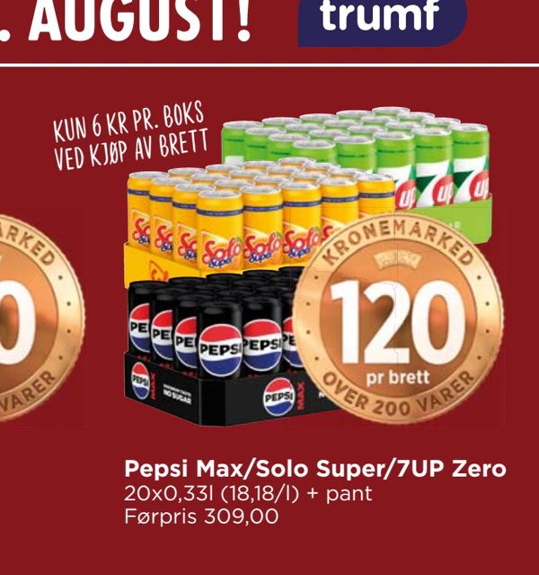 Pepsi Max/Solo Super/7UP Zero Kun 6 kr pr. boks ved kjøp av brett 20x0,33l (18,18/l) + pant Førpris 309,00