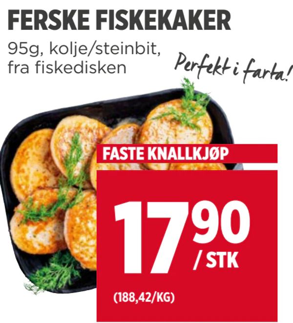 FERSKE FISKEKAKER 95g, kolje/steinbit, fra fiskedisken Perfekt i farta! FASTE KNALLKJØP 17,90 / STK (188,42/KG)