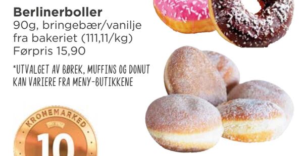 Berlinerboller 90g, bringebær/vanilje fra bakeriet (111,11/kg) Førpris 15,90