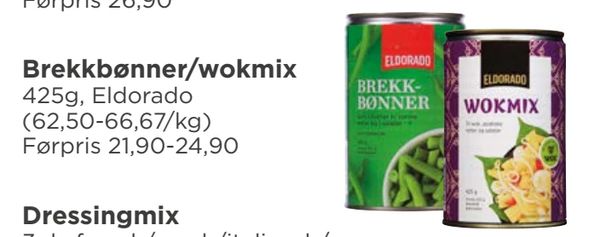 Brekkbønner/wokmix 425g, Eldorado (62,50-66,67/kg) Førpris 21,90-24,90