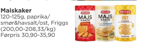 Maiskaker 120-125g, paprika/ smør&havsalt/ost, Friggs (200,00-208,33/kg) Førpris 30,90-35,90