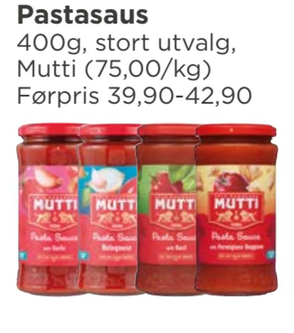 Pastasaus 400g, stort utvalg, Mutti (75,00/kg) Førpris 39,90-42,90