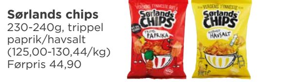 Sørlands chips 230-240g, trippel paprik/havsalt (125,00-130,44/kg) Førpris 44,90
