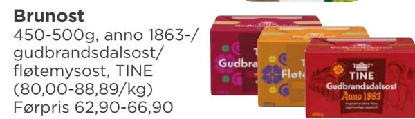 Brunost 450-500g, anno 1863-/ gudbrandsdalsost/ fløtemysost, TINE (80,00-88,89/kg) Førpris 62,90-66,90