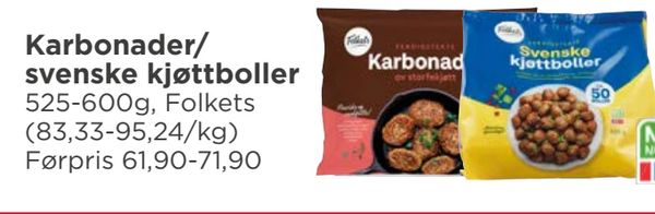 Karbonader/ svenske kjøttboller 525-600g, Folkets (83,33-95,24/kg) Førpris 61,90-71,90
