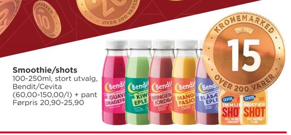 Smoothie/shots 100-250ml, stort utvalg, Bendit/Cevita (60,00-150,00/l) + pant Førpris 20,90-25,90