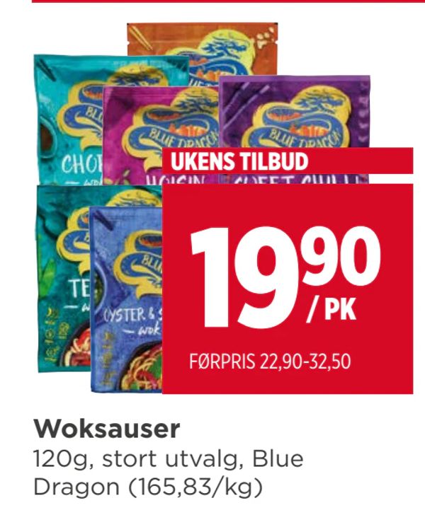 Woksauser 120g, stort utvalg, Blue Dragon (165,83/kg) UKENS TILBUD / PK FØRPRIS 22,90-32,50