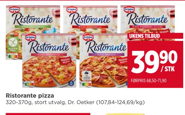 Ristorante pizza 320-370g, stort utvalg, Dr. Oetker (107,84-124,69/kg) UKENS TILBUD / STK FØRPRIS 68,50-71,90