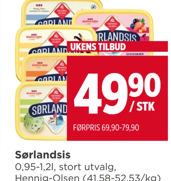 Sørlandsis 0,95-1,2l, stort utvalg, Hennig-Olsen (41,58-52,53/kg) UKENS TILBUD / STK FØRPRIS 69,90-79,90