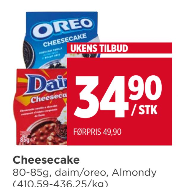 Cheesecake 80-85g, daim/oreo, Almondy (410,59-436,25/kg) UKENS TILBUD / STK FØRPRIS 49,90
