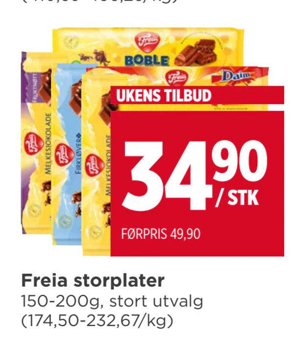 Freia storplater 150-200g, stort utvalg (174,50-232,67/kg) UKENS TILBUD / STK FØRPRIS 49,90