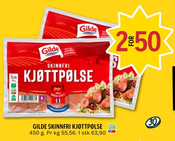 GILDE SKINNFRI KJØTTPØLSE 450 g. Pr kg 55,56. 1 stk 63,90