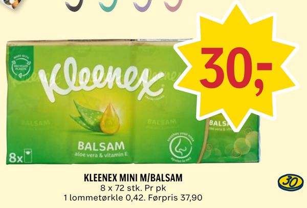 KLEENEX MINI M/BALSAM 30,- 8 x 72 stk. Pr pk 1 lommetørkle 0,42. Førpris 37,90