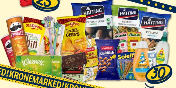 KRONEMARKED 30,- Pringles PAPRIKA Pringles ORIGINAL Old El Paso LARGE TORTILLAS Extra Thin Old El Paso TORTILLA CHIPS CHEESE 100% corn grain Hatting Fine rundstykker Uten hele korn 10 stk Hatting GROVBAKST Fullkorn møllehjul Hatting Pitabrød Myke og saftige Ricola ALPINE HERBS Ricola SWISS ALPINE HERBS ORIGINAL Kleenex Balsam Freia SELSKAPSSJOKOLADE Freia KOKESJOKOLADE Freia DRONNINGSJOKOLADE Maarud Goldfish ORIGINALEN Maarud Saltstenger Soletti SALZSTANGEN Johnson's kids bubble bath zendium Trend oppvaskbørste