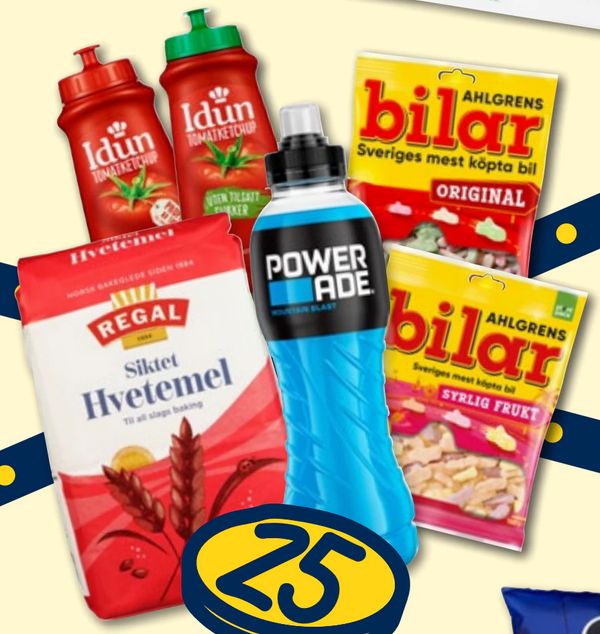 KRONEMARKED 25,- Idun TOMATKETCHUP Idun TOMATKETCHUP UTEN TILSATT SUKKER Powerade MOUNTAIN BLAST Ahlgrens bilar Sveriges mest köpta bil ORIGINAL Ahlgrens bilar Sveriges mest köpta bil SYRLIG FRUKT Regal Siktet Hvetemel Til all slags baking