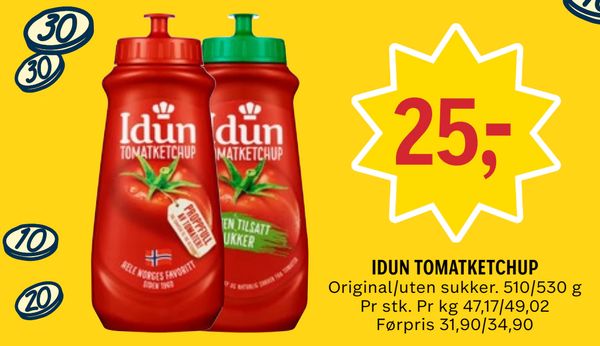 IDUN TOMATKETCHUP Original/uten sukker. 510/530 g Pr stk. Pr kg 47,17/49,02 Førpris 31,90/34,90