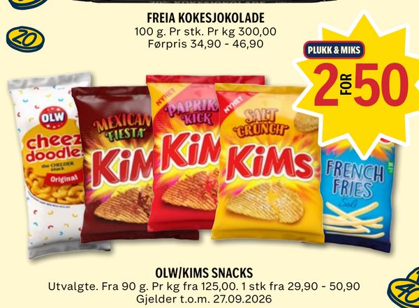 OLW/KIMS SNACKS Utvalgte. Fra 90 g. Pr kg fra 125,00. 1 stk fra 29,90 - 50,90 Gjelder t.o.m. 27.09.2026