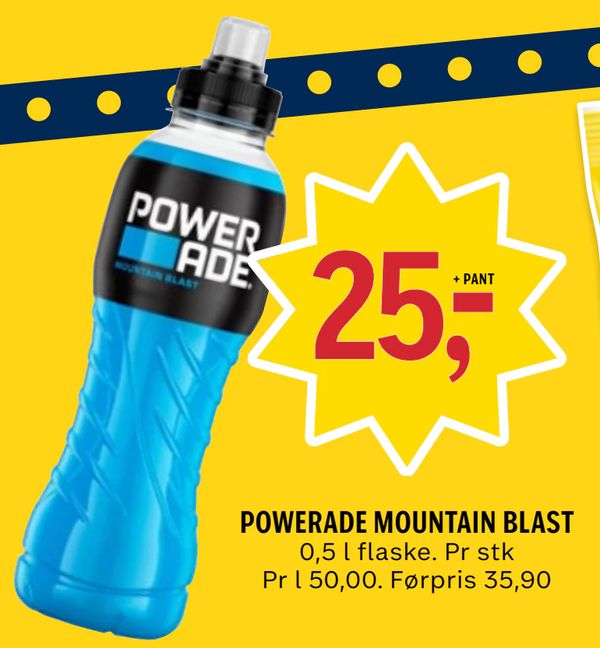 POWERADE MOUNTAIN BLAST 0,5 l flaske. Pr stk Pr l 50,00. Førpris 35,90 + PANT