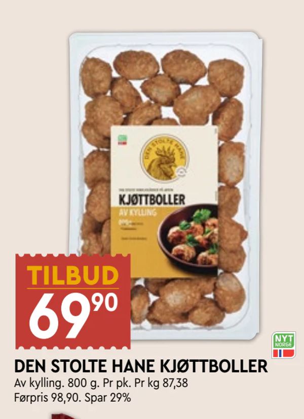 DEN STOLTE HANE KJØTTBOLLER Av kylling. 800 g. Pr pk. Pr kg 87,38 Førpris 98,90. Spar 29%